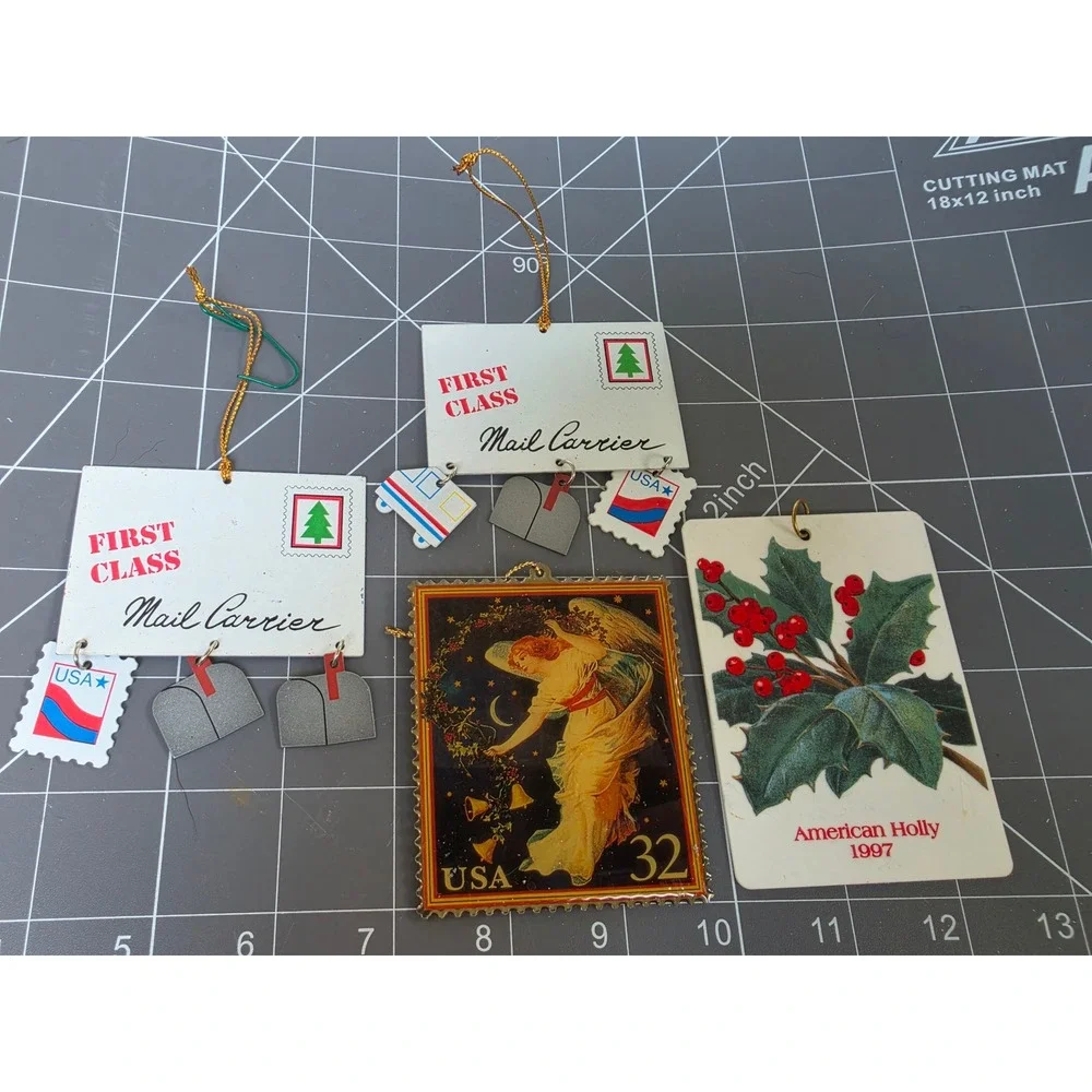 Vintage USPS Postal Christmas Ornaments Lot Mail Carrier Angel Holly 1996 1997